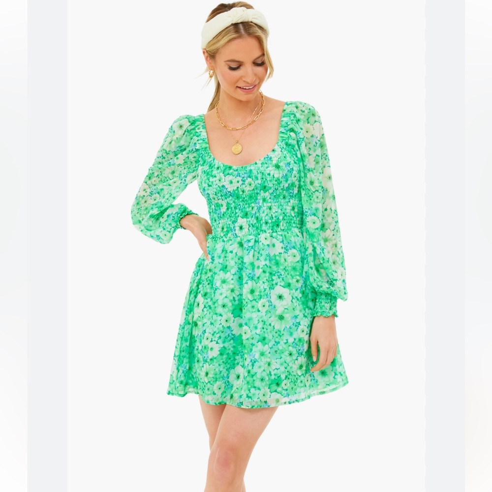 Green Floral Smocked Long-Sleeve Mini Dress